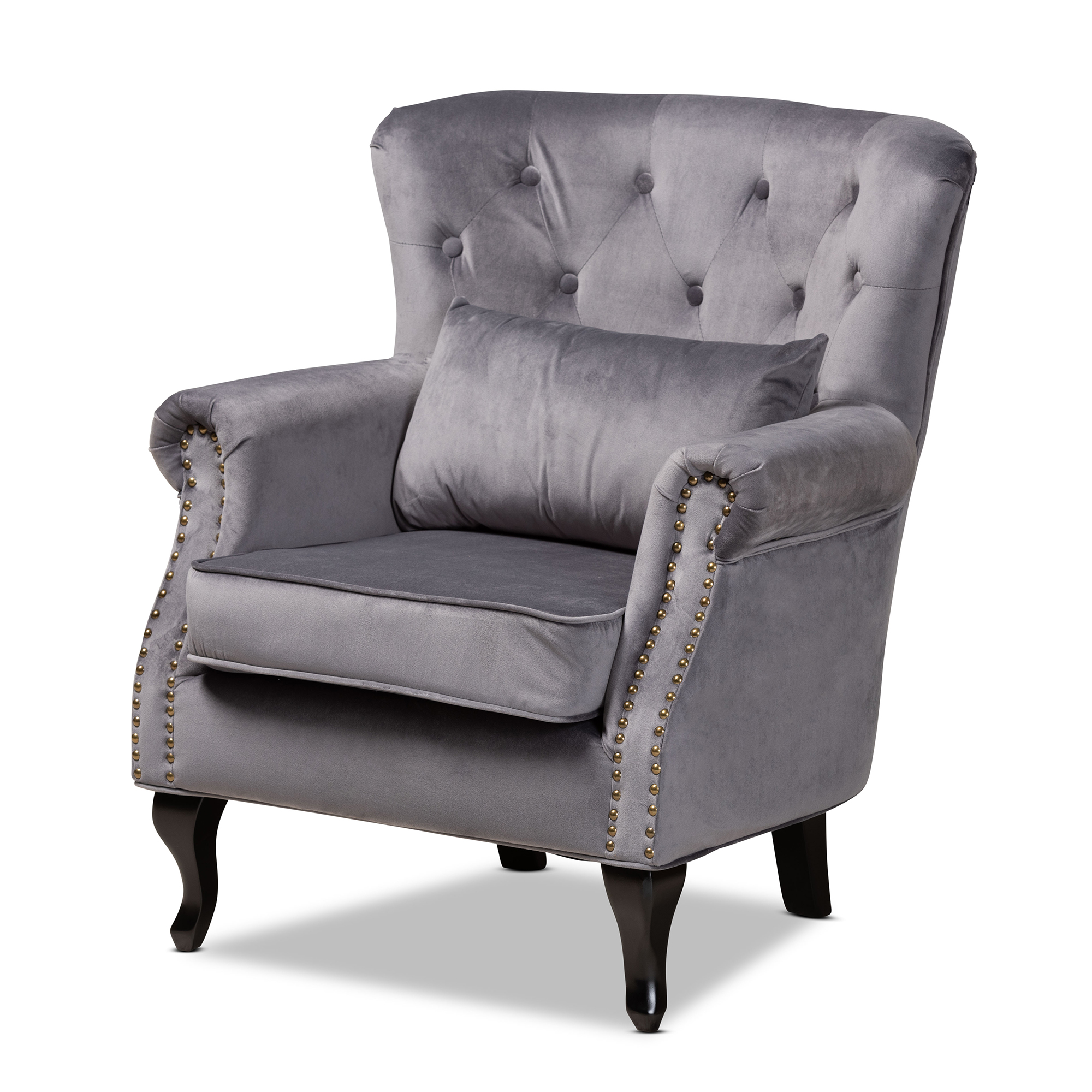 Baxton Studio Fletcher Classic and Traditional Grey Velvet Fabric Upholstered and Dark Brown Finished Wood Armchair